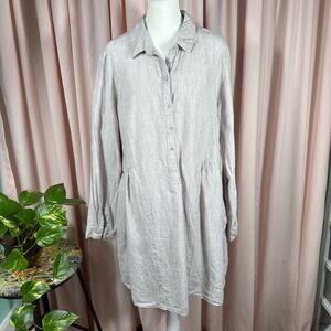 Beacon Cove Linen Tunic Dress Large Gray Long Sleeve Button Front Cottagecore